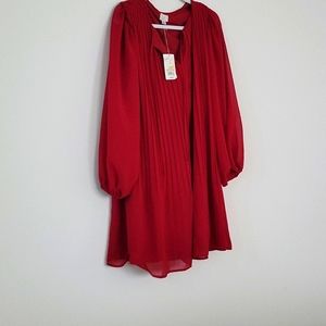 Woman's A New Day Bishop Long Sleeve Crewneck Pleated Shift Dress Red Size M